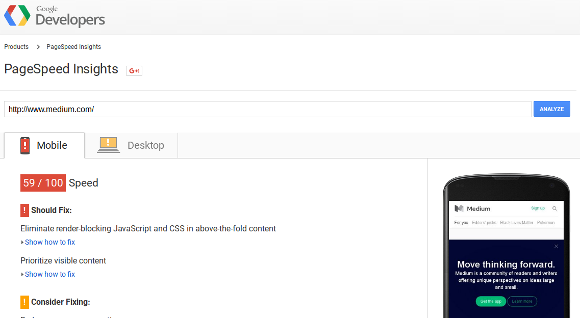 Medium.com page speed score