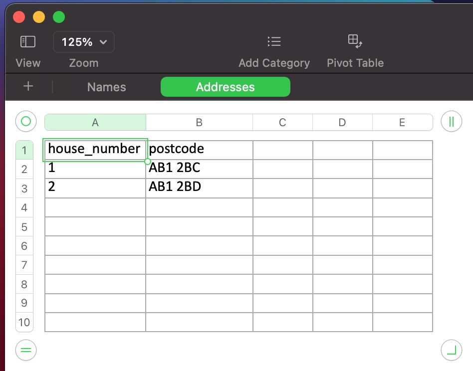 The Addressed Excel worksheet